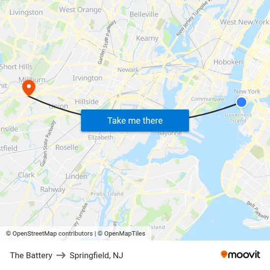 The Battery to Springfield, NJ map