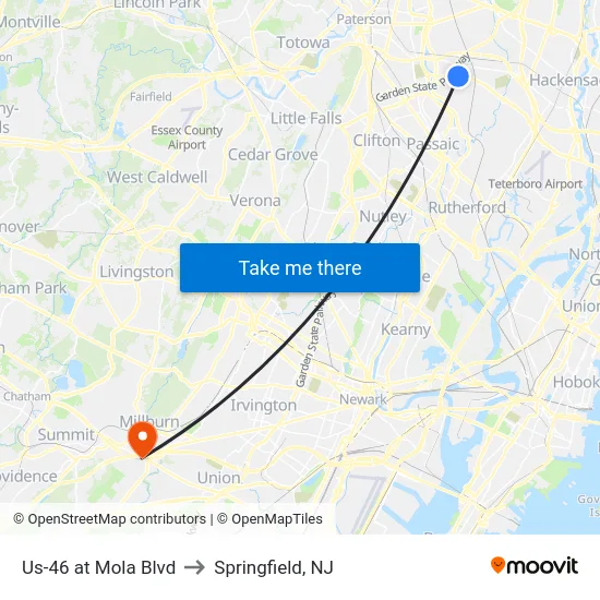 Us-46 at Mola Blvd to Springfield, NJ map