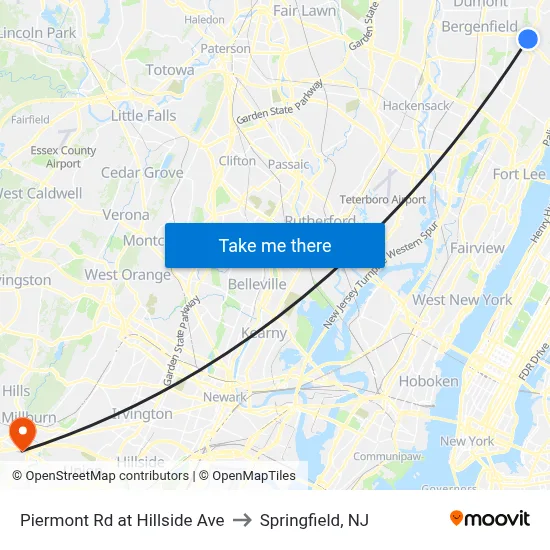 Piermont Rd at Hillside Ave to Springfield, NJ map