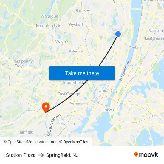 Station Plaza to Springfield, NJ map