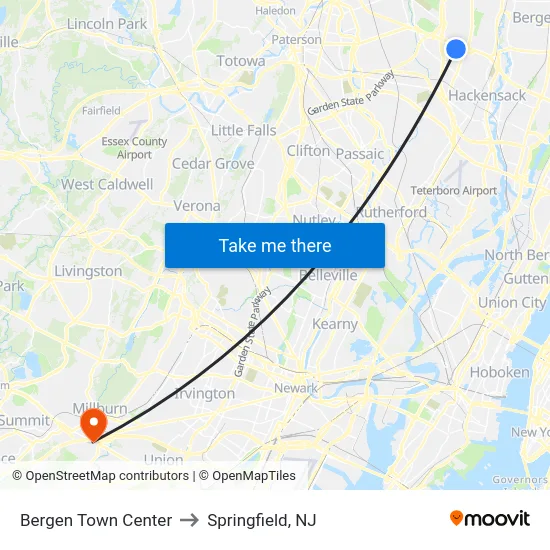 Bergen Town Center to Springfield, NJ map