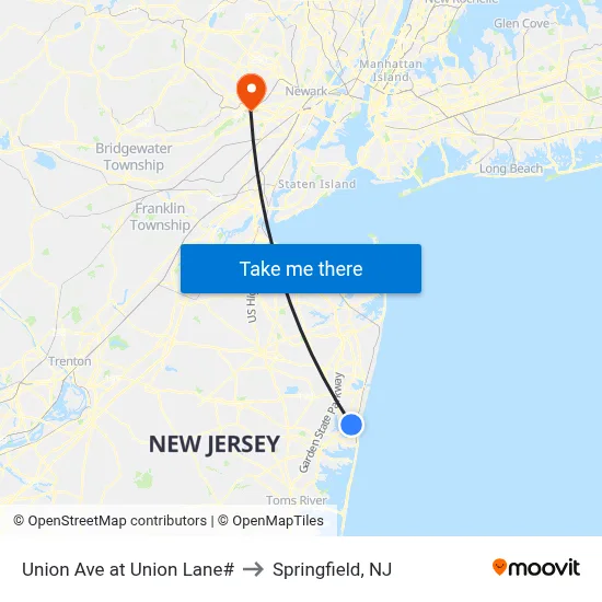 Union Ave at Union Lane# to Springfield, NJ map