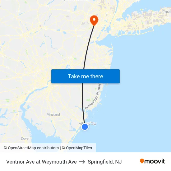 Ventnor Ave at Weymouth Ave to Springfield, NJ map