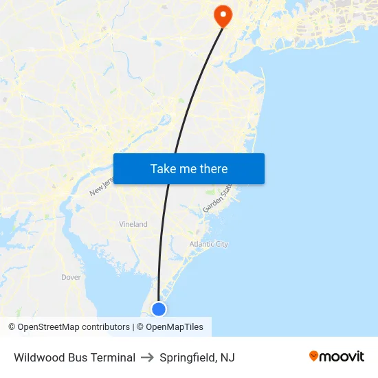 Wildwood Bus Terminal to Springfield, NJ map