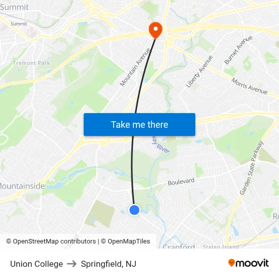 Union College to Springfield, NJ map