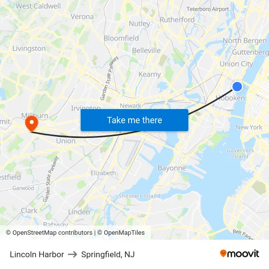 Lincoln Harbor to Springfield, NJ map