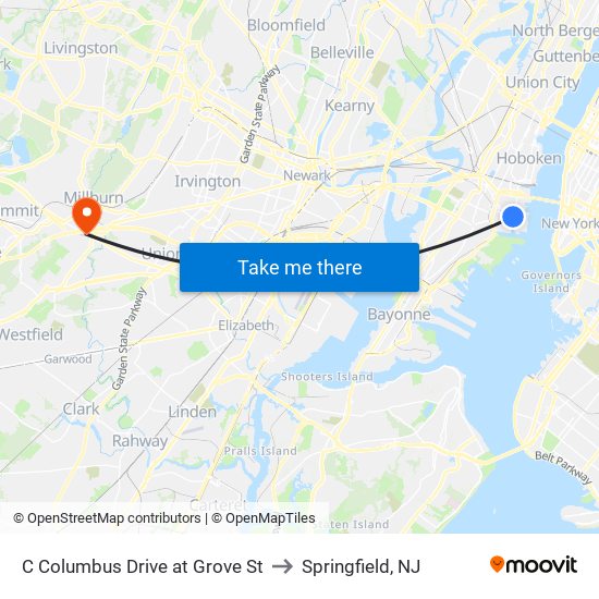 C Columbus Drive at Grove St to Springfield, NJ map