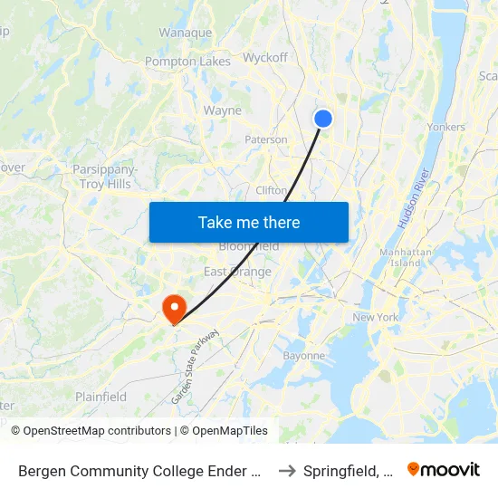 Bergen Community College Ender Hall to Springfield, NJ map