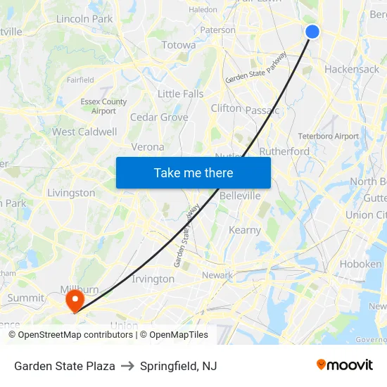 Garden State Plaza to Springfield, NJ map
