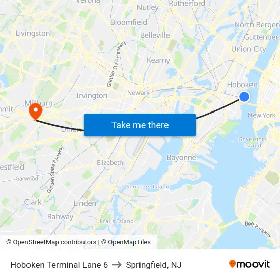 Hoboken Terminal Lane 6 to Springfield, NJ map