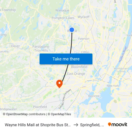 Wayne Hills Mall at Shoprite Bus Stop to Springfield, NJ map