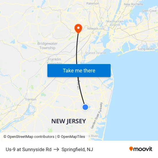 Us-9 at Sunnyside Rd to Springfield, NJ map