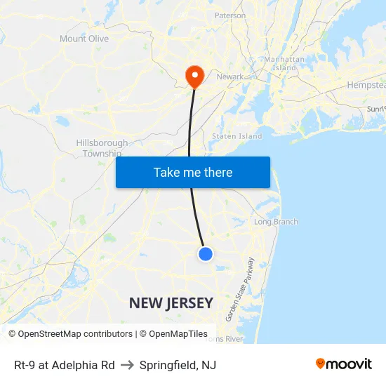 Rt-9 at Adelphia Rd to Springfield, NJ map