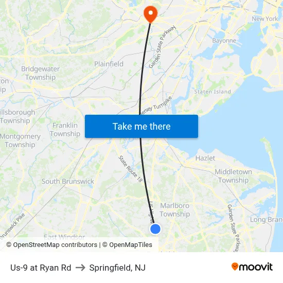 Us-9 at Ryan Rd to Springfield, NJ map