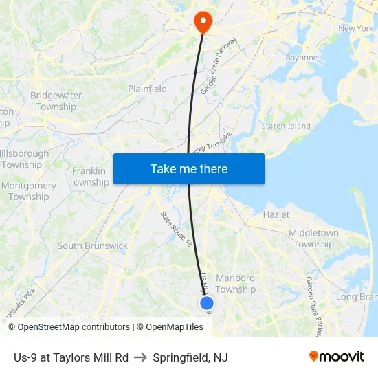 Us-9 at Taylors Mill Rd to Springfield, NJ map