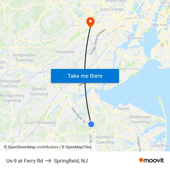 Us-9 at Ferry Rd to Springfield, NJ map