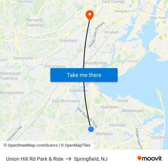 Union Hill Rd Park & Ride to Springfield, NJ map