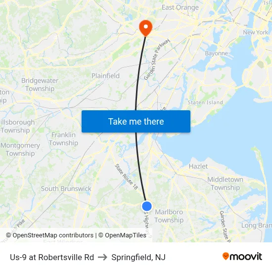 Us-9 at Robertsville Rd to Springfield, NJ map