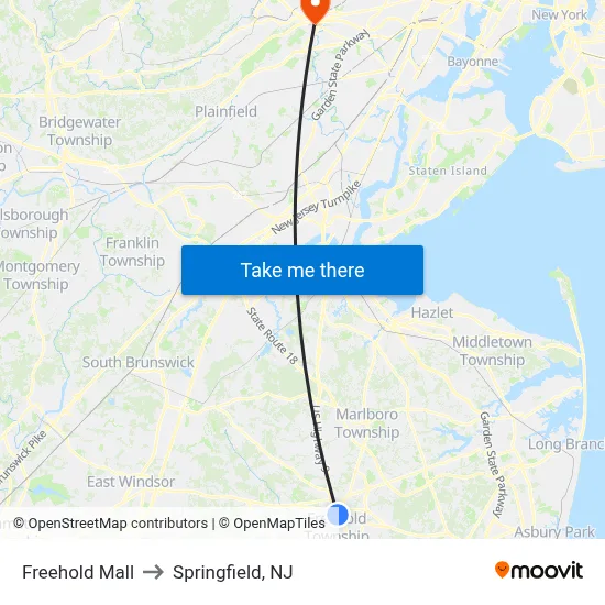 Freehold Mall to Springfield, NJ map
