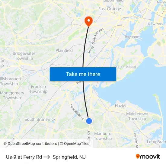 Us-9 at Ferry Rd to Springfield, NJ map