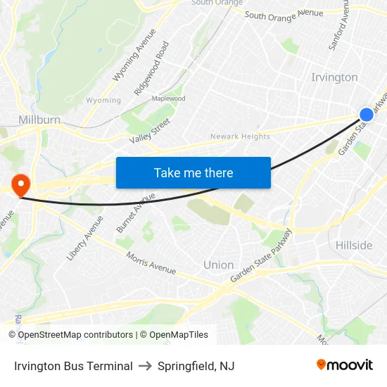 Irvington Bus Terminal to Springfield, NJ map
