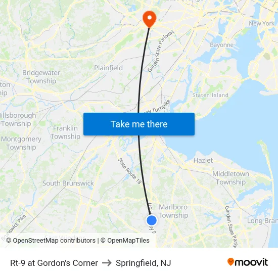 Rt-9 at Gordon's Corner to Springfield, NJ map
