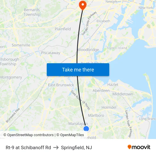 Rt-9 at Schibanoff Rd to Springfield, NJ map