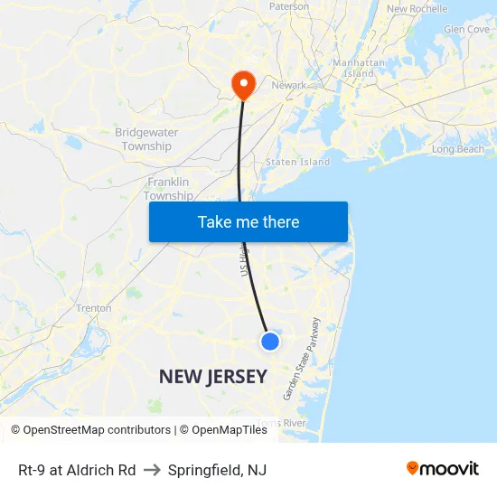 Rt-9 at Aldrich Rd to Springfield, NJ map