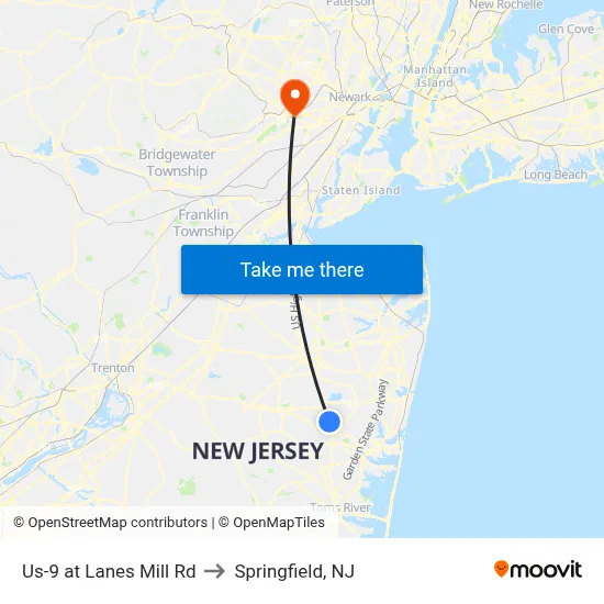 Us-9 at Lanes Mill Rd to Springfield, NJ map