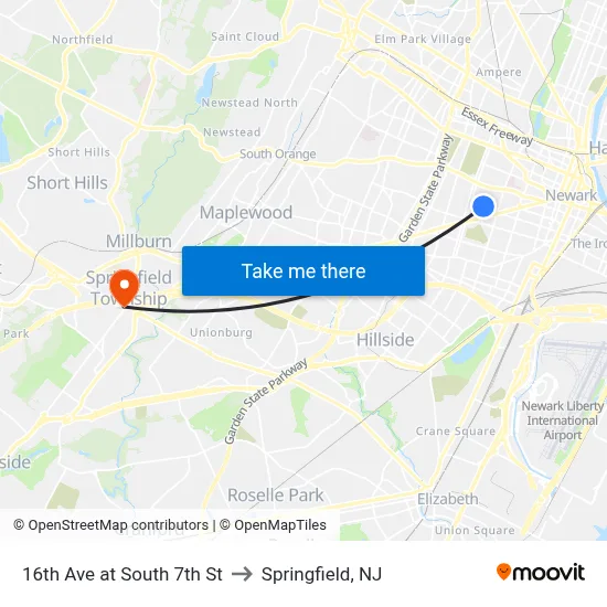 16th Ave at South 7th St to Springfield, NJ map