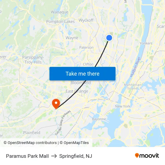 Paramus Park Mall to Springfield, NJ map