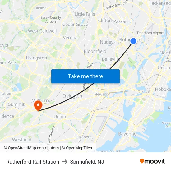 Rutherford Rail Station to Springfield, NJ map