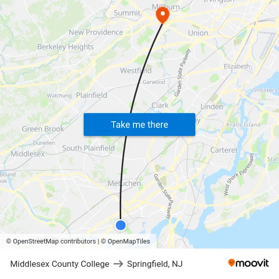 Middlesex County College to Springfield, NJ map