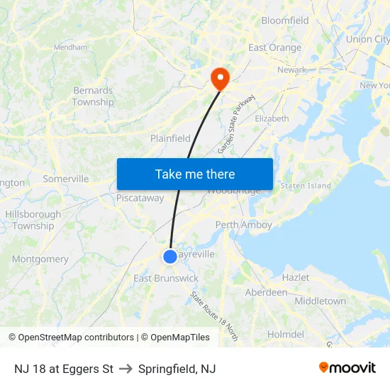 NJ 18 at Eggers St to Springfield, NJ map