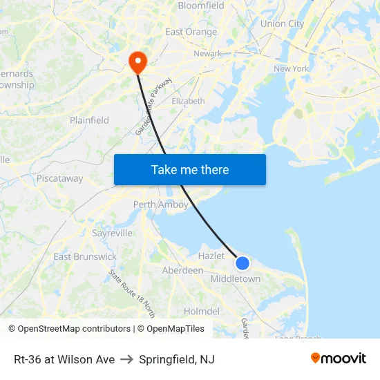 Rt-36 at Wilson Ave to Springfield, NJ map