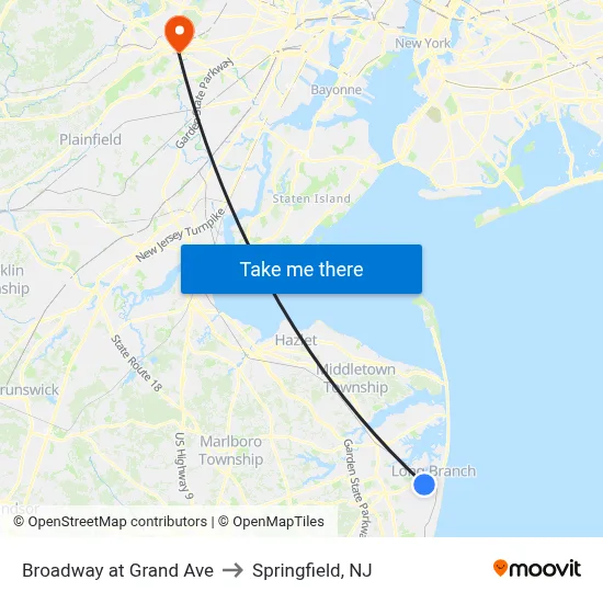Broadway at Grand Ave to Springfield, NJ map