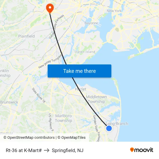 Rt-36 at K-Mart# to Springfield, NJ map