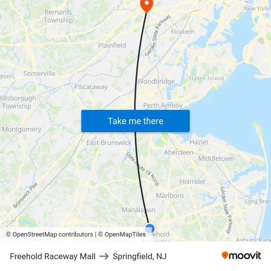 Freehold Raceway Mall to Springfield, NJ map