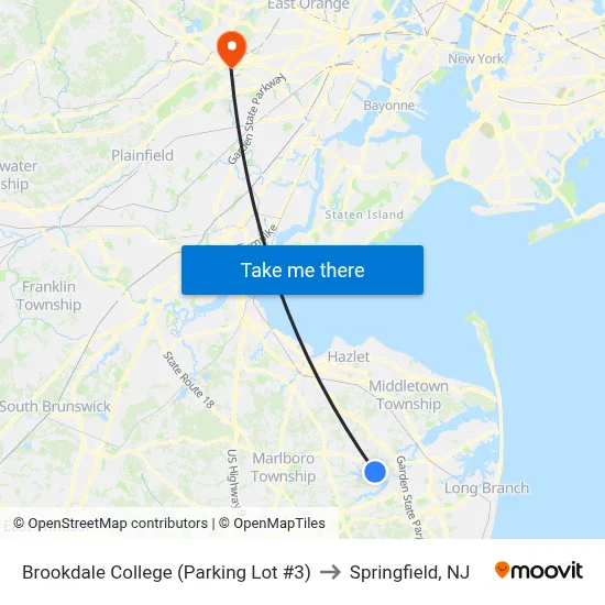Brookdale College (Parking Lot #3) to Springfield, NJ map