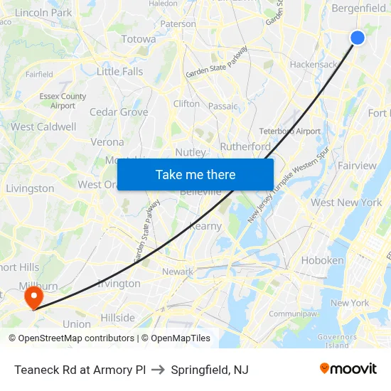 Teaneck Rd at Armory Pl to Springfield, NJ map