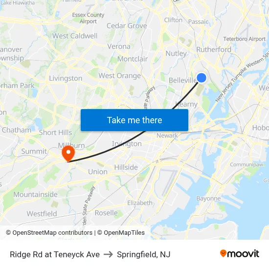 Ridge Rd at Teneyck Ave to Springfield, NJ map