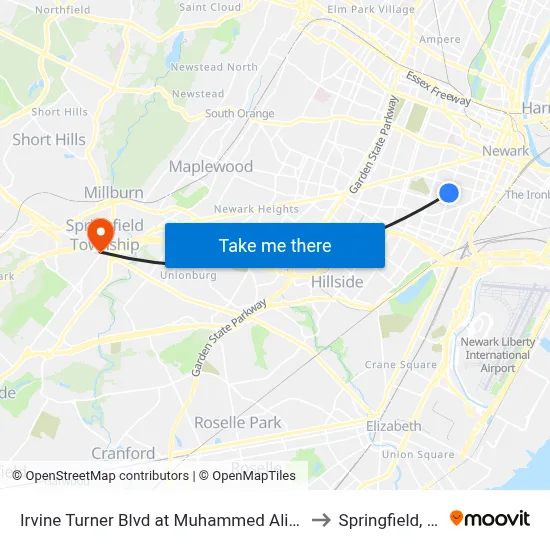 Irvine Turner Blvd at Muhammed Ali Ave to Springfield, NJ map