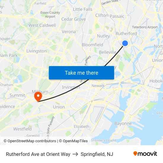 Rutherford Ave at Orient Way to Springfield, NJ map