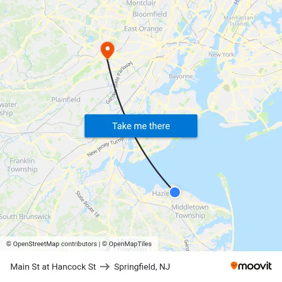 Main St at Hancock St to Springfield, NJ map