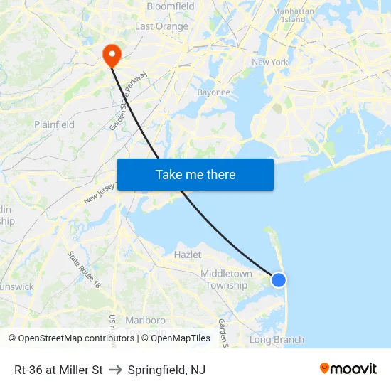 Rt-36 at Miller St to Springfield, NJ map