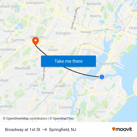 Broadway at 1st St to Springfield, NJ map