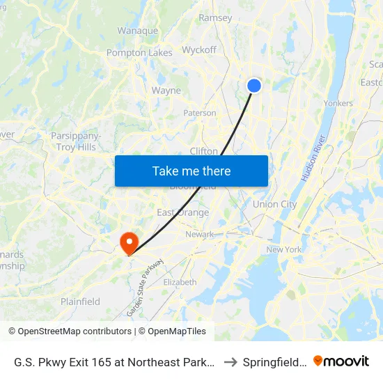 G.S. Pkwy Exit 165 at Northeast Park/Ride Lot to Springfield, NJ map