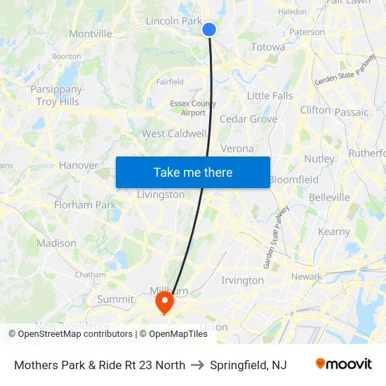 Mothers Park & Ride Rt 23 North to Springfield, NJ map