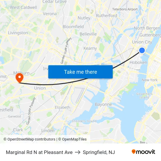 Marginal Rd N at Pleasant Ave to Springfield, NJ map