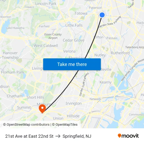 21st Ave at East 22nd St to Springfield, NJ map